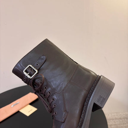 MIUMIU 26S LACE-UP ANKLE BOOTS IN BROWN CALFSKIN