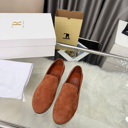 THE ROW 26S CLASSIC LOAFER FLATS IN COGNAC BROWN SUEDE
