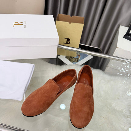 THE ROW 26S CLASSIC LOAFER FLATS IN COGNAC BROWN SUEDE