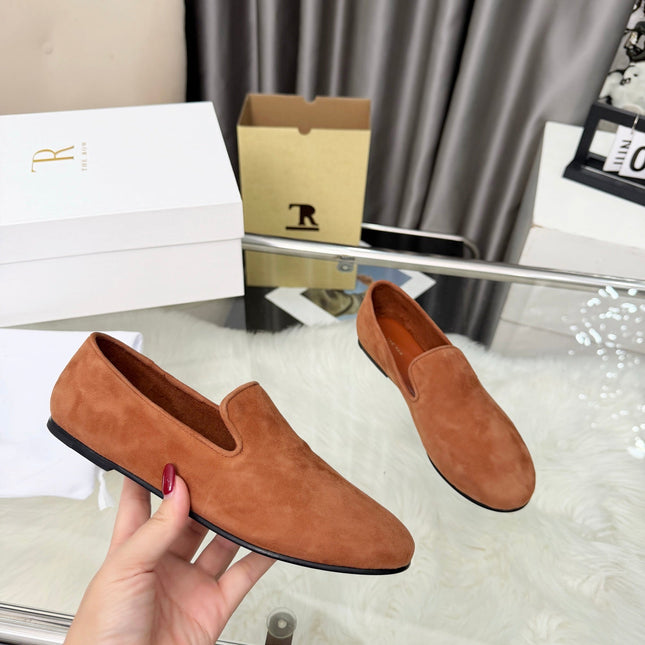 THE ROW 26S CLASSIC LOAFER FLATS IN COGNAC BROWN SUEDE