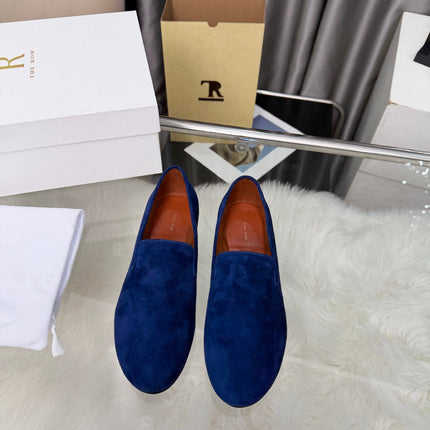 THE ROW 26S CLASSIC LOAFER FLATS IN DARK BLUE SUEDE