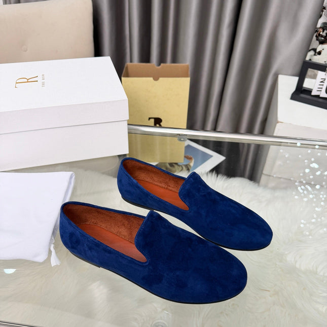 THE ROW 26S CLASSIC LOAFER FLATS IN DARK BLUE SUEDE