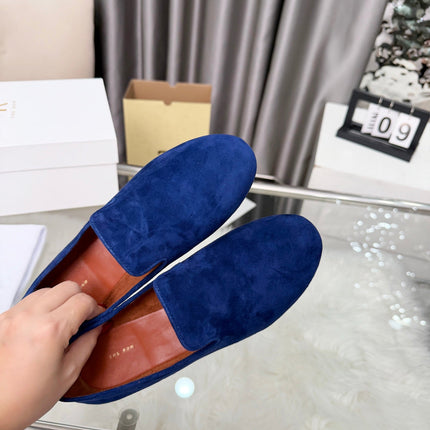 THE ROW 26S CLASSIC LOAFER FLATS IN DARK BLUE SUEDE