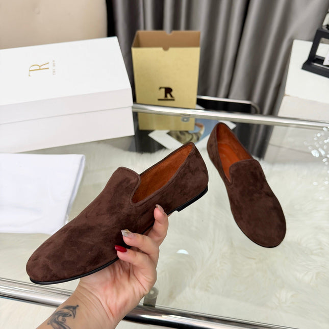 THE ROW 26S CLASSIC LOAFER FLATS IN DARK BROWN SUEDE