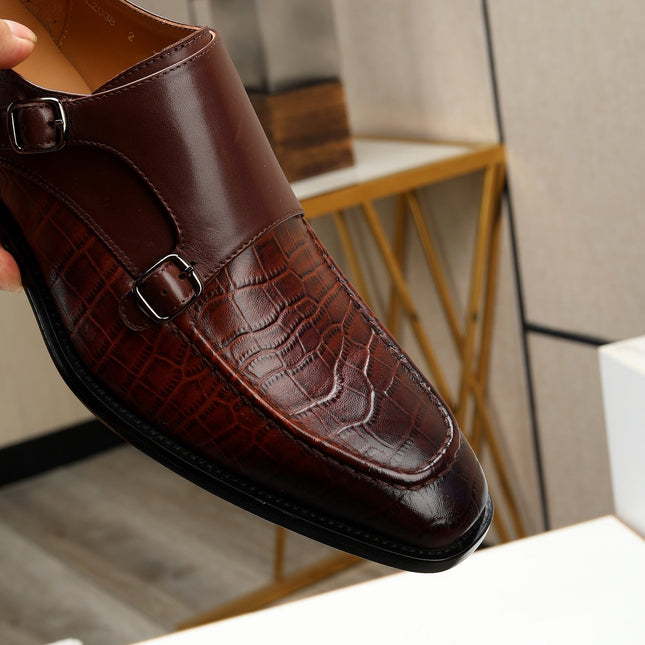 HM DOUBLE MONK STRAP RUSSET WITH CROCODILE MOTIF CALFSKIN