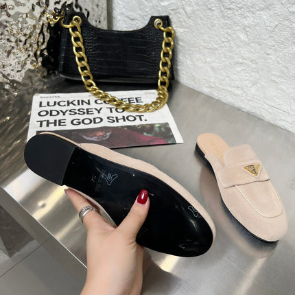 PRADA 26S MULE LOAFERS IN NUDE BEIGE SUEDE WITH LOGO