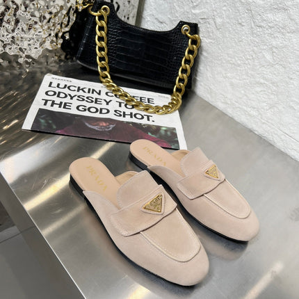 PRADA 26S MULE LOAFERS IN NUDE BEIGE SUEDE WITH LOGO