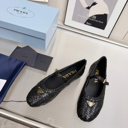 PRADA 26S MARY JANE FLATS IN BLACK WOVEN CALFSKIN