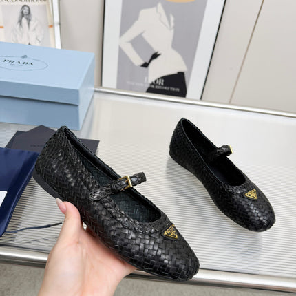 PRADA 26S MARY JANE FLATS IN BLACK WOVEN CALFSKIN
