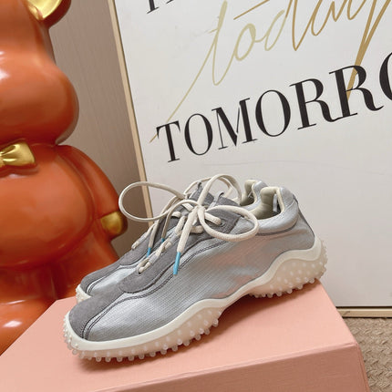 MIUMIU 26S SNEAKER IN GREY SUEDE AND SILVER FABRIC STYLE 6