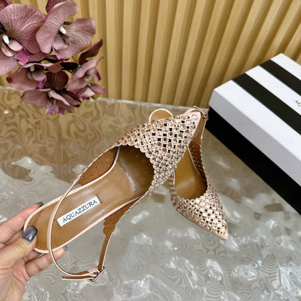 AQUAZZURA 26S SLINGBACK PUMPS 105 MM IN BEIGE CALFSKIN WITH CRYSTAL