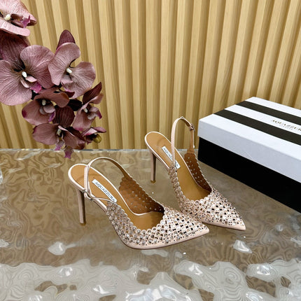 AQUAZZURA 26S SLINGBACK PUMPS 105 MM IN BEIGE CALFSKIN WITH CRYSTAL