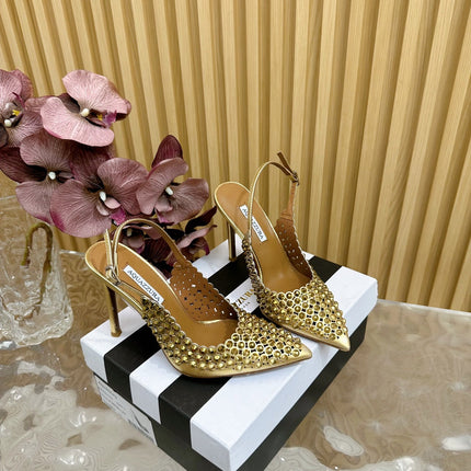 AQUAZZURA 26S SLINGBACK PUMPS 85 MM IN GOLD CALFSKIN WITH CRYSTAL