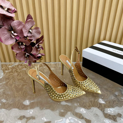 AQUAZZURA 26S SLINGBACK PUMPS 85 MM IN GOLD CALFSKIN WITH CRYSTAL