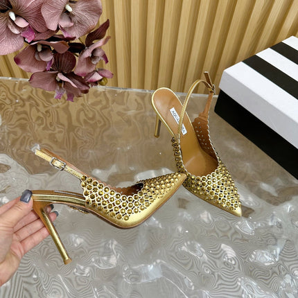 AQUAZZURA 26S SLINGBACK PUMPS 85 MM IN GOLD CALFSKIN WITH CRYSTAL