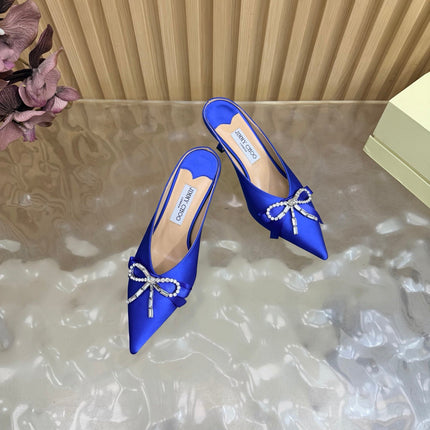 JIMMY CHOO 26S HIGH-HEELED MULES 65 MM IN NAVY BLUE SATIN WITH RHINESTONE BOW