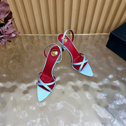 YSL 26S HIGH-HEELED SANDALS 90 MM IN SKY BLUE SATIN