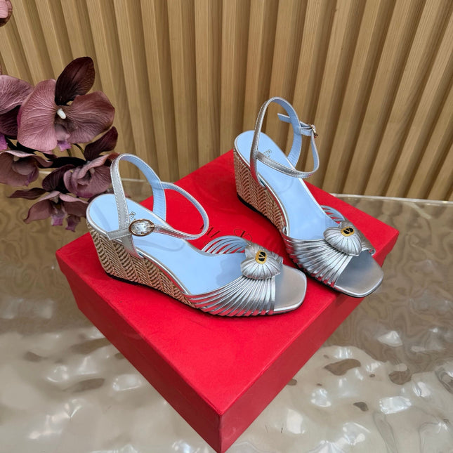 VALENTINO 26S WEDGE SANDAL 85 MM IN SILVER CALFSKIN