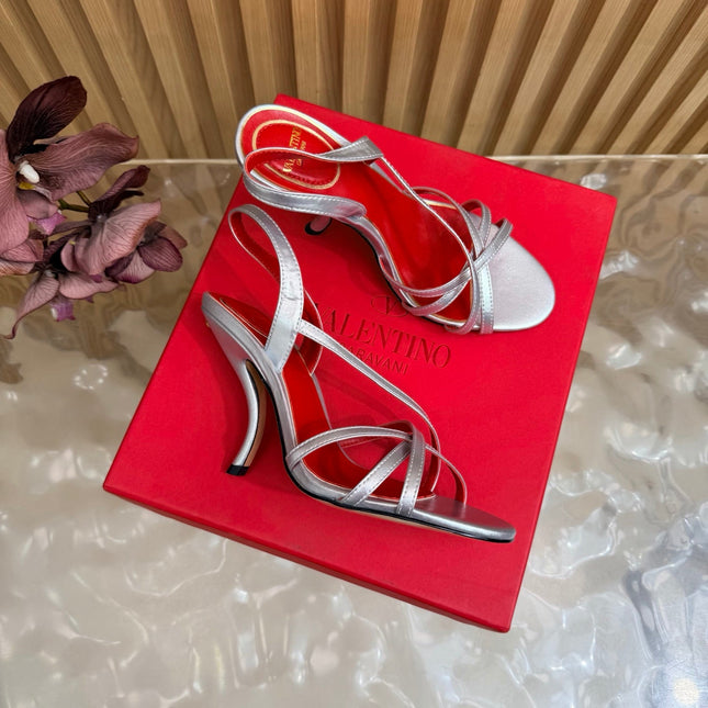 VALENTINO 26S STRAPPER HEEL SANDALS 100 MM IN SILVER CALFSKIN