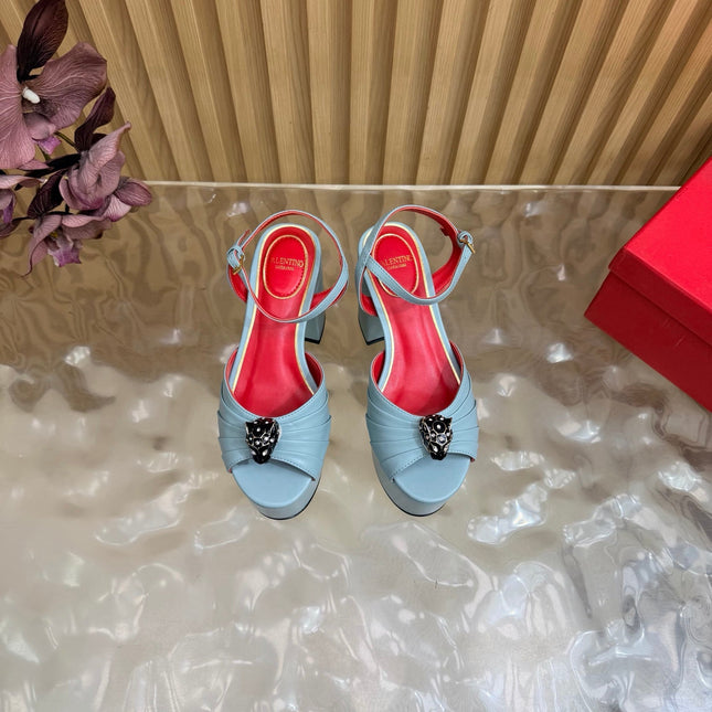 VALENTINO 26S PLATFORM SANDALS 110 MM IN LIGHT BLUE GATHERED CALFSKIN