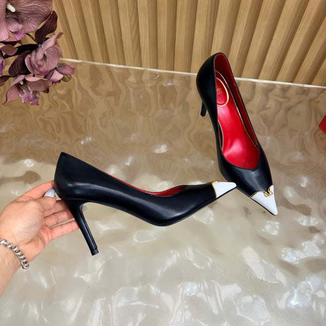 VALENTINO 26S CAP-TOE PUMPS 90 MM IN WHITE AND BLACK CALFSKIN