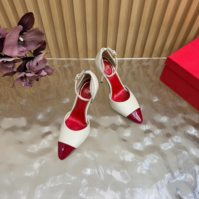 VALENTINO 26S ANKLE-STRA PUMPS 100 MM IN OFF-WHITE AND RED CALFSKIN