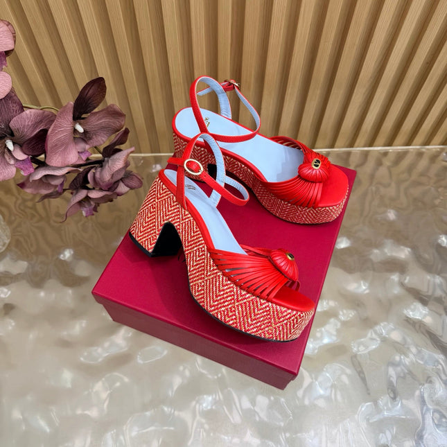 VALENTINO 26S PLATFORM SANDALS 90 MM IN RED CALFSKIN WOVEN FABRIC