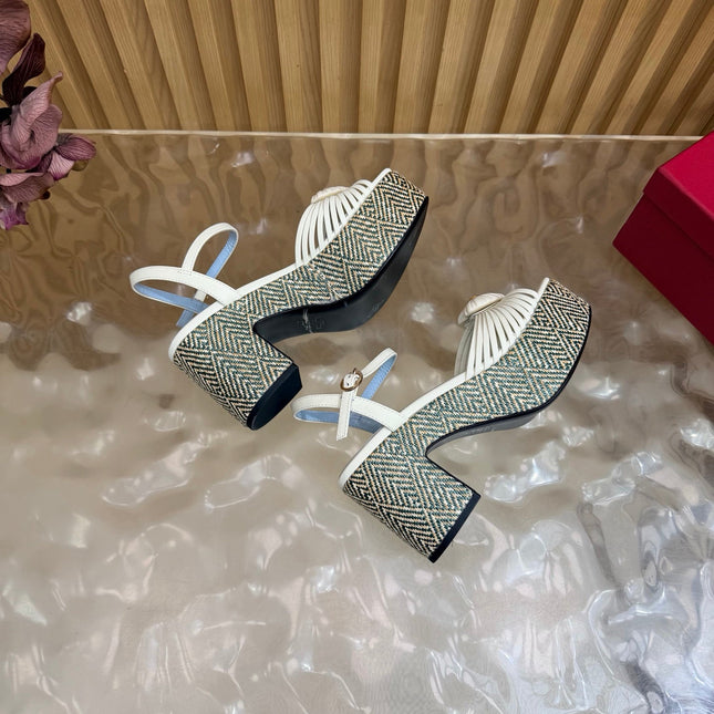 VALENTINO 26S PLATFORM SANDALS 90 MM IN WHITE CALFSKIN BEIGE WOVEN FABRIC