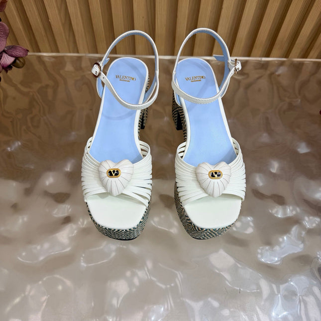 VALENTINO 26S PLATFORM SANDALS 90 MM IN WHITE CALFSKIN BEIGE WOVEN FABRIC