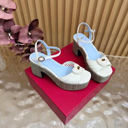 VALENTINO 26S PLATFORM SANDALS 90 MM IN WHITE CALFSKIN BEIGE WOVEN FABRIC