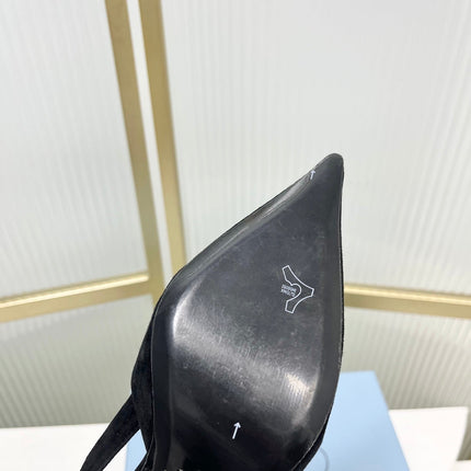 PRADA 26S SLINGBACK HIGH HEEL SANDALS 75MM IN BLACK SUEDE WITH LOGO