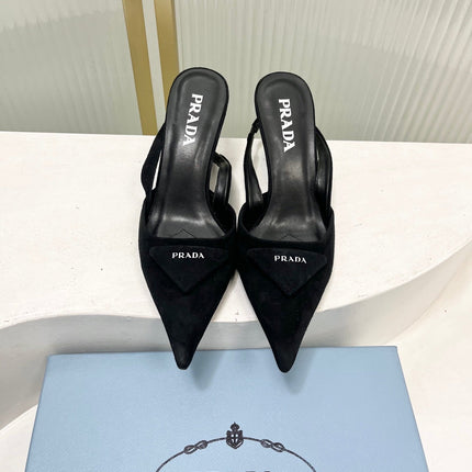 PRADA 26S SLINGBACK HIGH HEEL SANDALS 75MM IN BLACK SUEDE WITH LOGO
