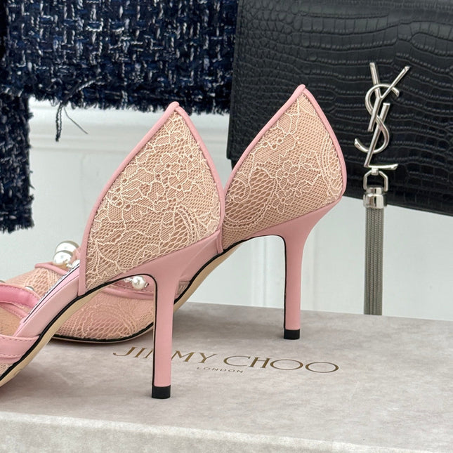 JIMMY CHOO 26S HIGH HEELS 65 MM IN LIGHT PINK LACE PEARL-EMBELLISHED