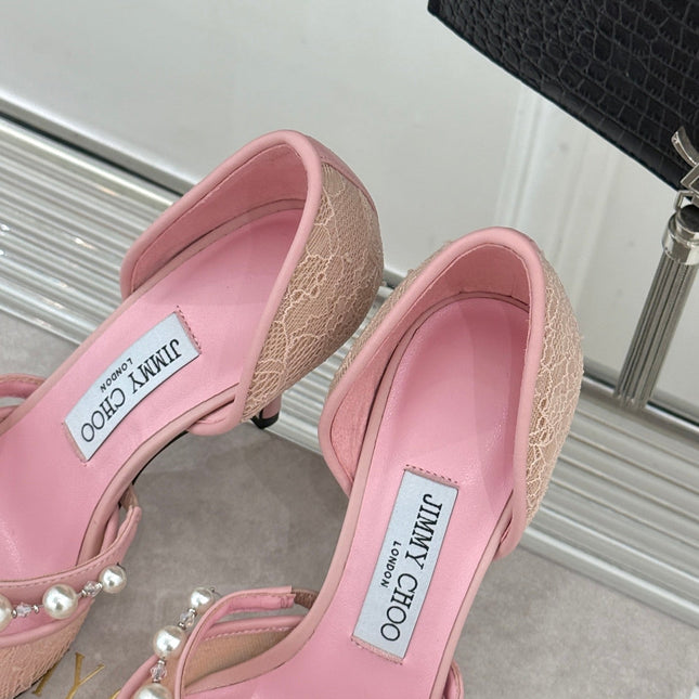 JIMMY CHOO 26S HIGH HEELS 65 MM IN LIGHT PINK LACE PEARL-EMBELLISHED