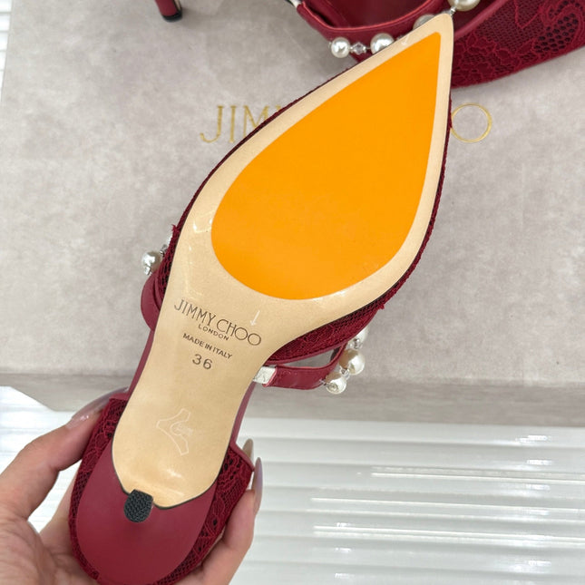 JIMMY CHOO 26S HIGH HEELS 85 MM IN DARK RED LACE PEARL-EMBELLISHED