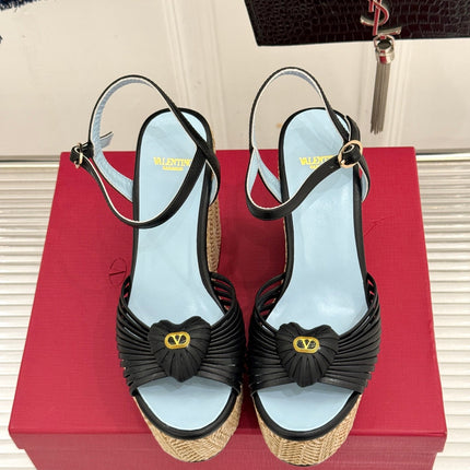 VALENTINO 26S ESPADRILLE WEDGE SANDALS 120 MM IN BLACK CALFSKIN