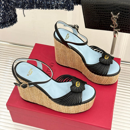 VALENTINO 26S ESPADRILLE WEDGE SANDALS 120 MM IN BLACK CALFSKIN