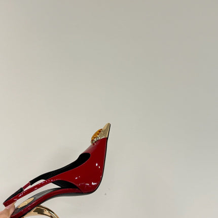 ORANGE GEM-STUDDED SLINGBACK PUMPS IN RED PATENT CALFSKIN