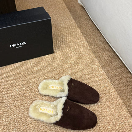 PRADA 26S SHEARLING MULE SLIPPERS IN CHOCOLATE BROWN SUEDE