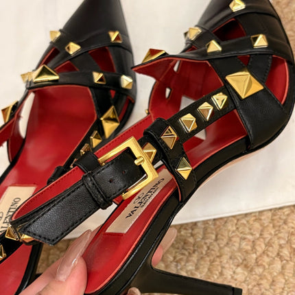 VALENTINO 26S ROCKSTUD SLINGBACK HEELS IN BLACK CALFSKIN