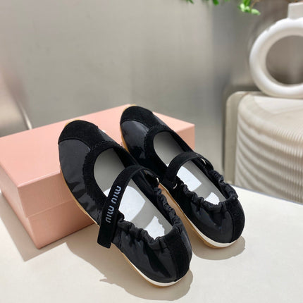 MIUMIU 26S RUCHES NAPPA BALLERINAS IN BLACK SUEDE AND FABRIC