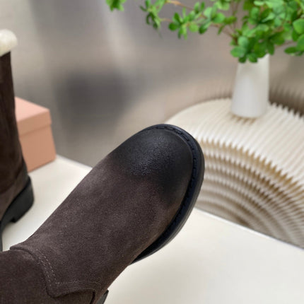 MIUMIU 26S MID CALF BOOT IN DARK BROWN  SUEDE AND SHEARLING