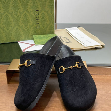 GG HORSEBIT MULE IN BLACK EMBOSSED SUEDE AND SHEEPSKIN LINING