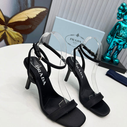 PRADA 26S ANKLE STRAP SANDALS STILETTO HEEL 80MM IN BLACK SATIN
