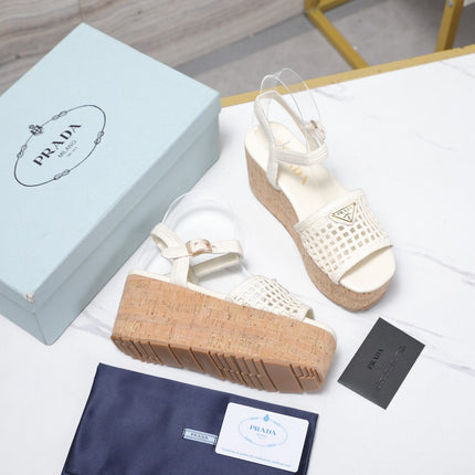 PRADA 26S WEDGE SANDALS IN IVORY CROCHET AND LEATHER
