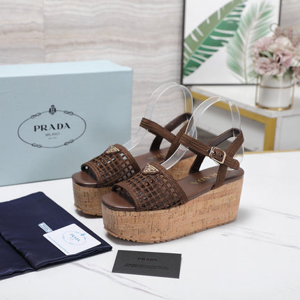 PRADA 26S WEDGE SANDALS IN DARK BROWN CROCHET AND LEATHER