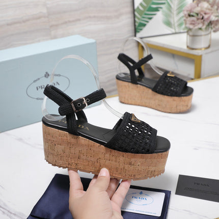 PRADA 26S WEDGE SANDALS IN BLACK CROCHET AND LEATHER