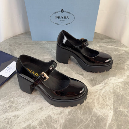 PRADA 26S MARY JANE PUMPS 85 MM IN BLACK PATENT CALFSKIN