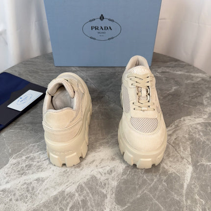 PRADA 26S GEAR SOLE SNEAKERS IN LIGHT BEIGE SUEDE AND MESH