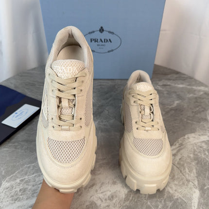 PRADA 26S GEAR SOLE SNEAKERS IN LIGHT BEIGE SUEDE AND MESH